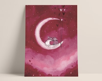 B32: Cupid 2022 - Love couple on the moon - Cupid Art collection - Valentine Art Print Valentine's Day