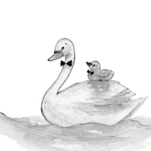 C48: Stampa padre e figlio cigno • Piccola illustrazione carina, stampata su carta ruvida di lusso • Padre e figlio indossano un papillon