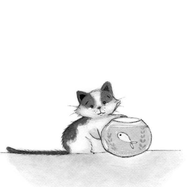 C29: Kitten Print • Small Illustration • Print • Little kitten with fish friend • Ink art work • Nadyart • Woodland art• Cute kitten