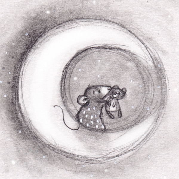 C9: Good Night Teddy • Small art print • Nursery art • Night night • Moon illustration • Teddy bear • Nadyart • Mouse • Rat • Lunar