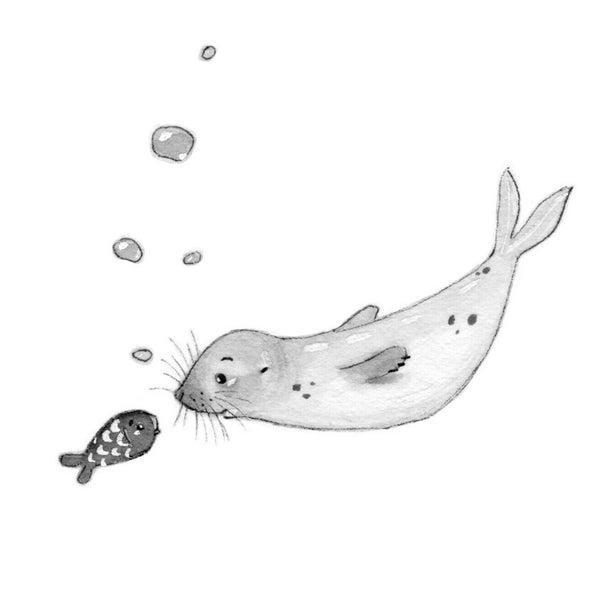 C45: Seal Print • Small Illustration • Print or Original • Baby Seal and fish meet each other • Ink art work • Nadyart • Woodland art