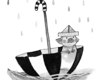 C50: Teacup Pig Print • Small Illustration • Print or Original • Piglet in Umbrella • Ink art work • Nadyart • Cute Teacup Pig sailing rain