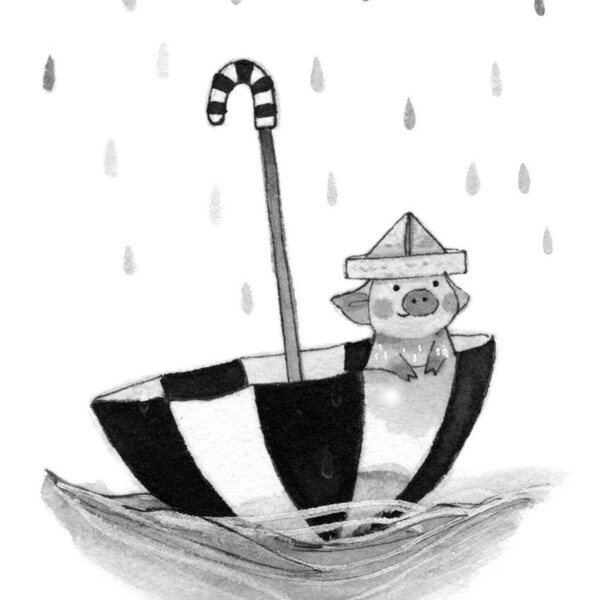 C50: Teacup Pig Print • Small Illustration • Print or Original • Piglet in Umbrella • Ink art work • Nadyart • Cute Teacup Pig sailing rain