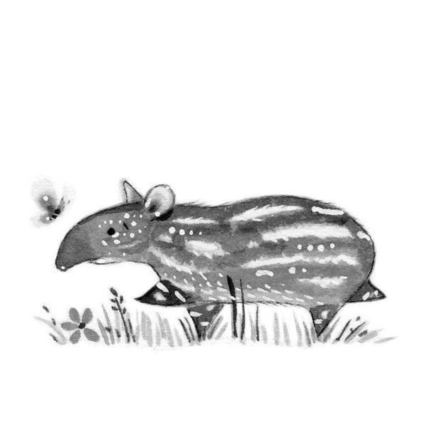 C49: Tapir Print • Small Illustration • Print or Original • Baby Tapir taking a stroll, following a butterfly • Ink artwork • Nadyart