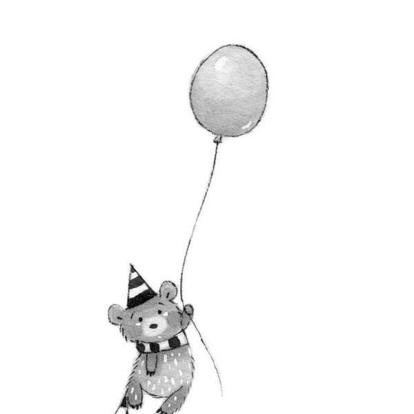 C19: Bear Print • Small Illustration • Print or Original • Birthday Bear flying away on balloon • Ink art work • Nadyart • Bear art