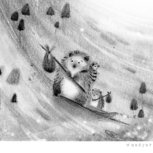 C10: Hedgehog Family Art print - Gathering food for hibernation in the woodland forest - Nadyart Motherhood Sketches # 2