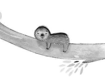 C17: Baby Sloth Print • Small Illustration • Print • Sloth Sleeping • Ink art work • Nadyart • Woodland art • Cute sloth print