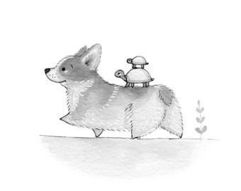 C23: Corgi Print • Small Illustration • Print • Corgi Dog giving a ride to two turtles