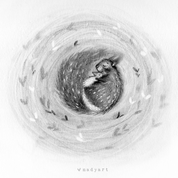 C7: A tiny nest to keep you warm - Mommy and Baby Squirrel Embrace Art print - Nadyart Motherhood Sketches # 1