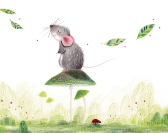 B25: Tranquil Art Print | Cute Rat/Mouse art print Colour pencil style