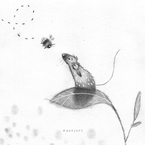 May include: A black and white illustration of a mouse sitting on a leaf with a bee flying above. The mouse is looking up at the bee. The background is white with a few grey dots.