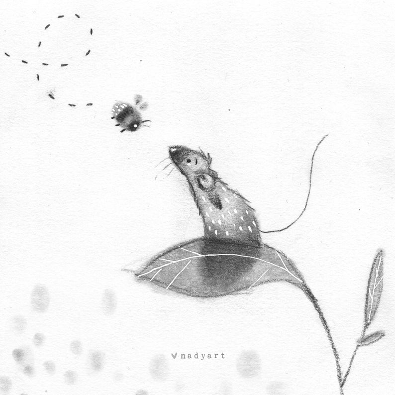 May include: A black and white illustration of a mouse sitting on a leaf with a bee flying above. The mouse is looking up at the bee. The background is white with a few grey dots.
