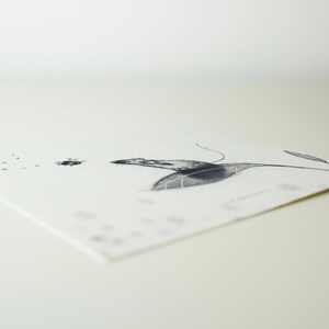 May include: A black and white illustration of a mouse on a leaf with a trail of small dots behind it.