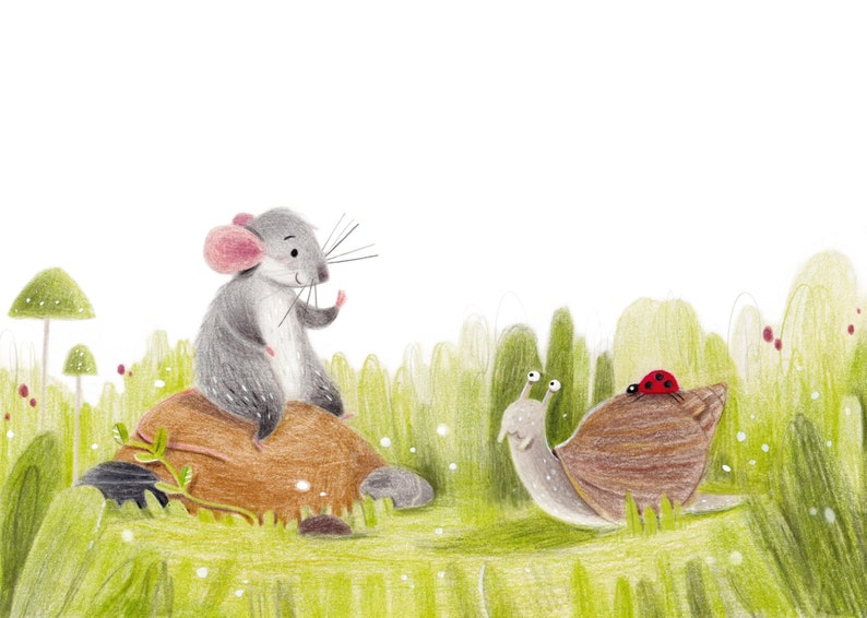Mouse Riding Snail B48: Hello, New Friend! A Cute Mouse, Snail and Ladybug Art Print - Etsy