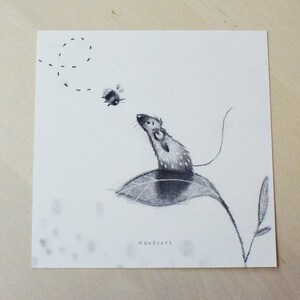 May include: A black and white drawing of a mouse sitting on a leaf, looking up at a bee flying in a circle above. The drawing is signed "Vnsdyart" in the bottom right corner.