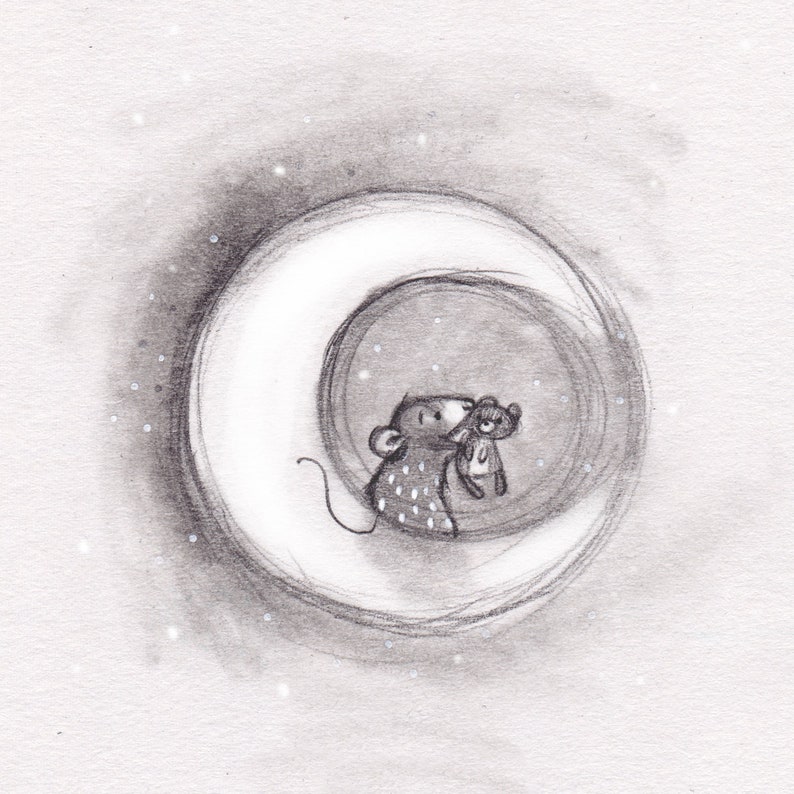 C9: Good Night Teddy Small art print Nursery art Night night Moon illustration Teddy bear Nadyart Mouse Rat Lunar image 1