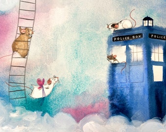 B34: Time traveling ratties - Blue Police Box - Time travel art - Rainbow bridge rats