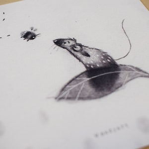 May include: A black and white drawing of a mouse sitting on a leaf, looking up at a small bee flying above. The drawing is on a white background.