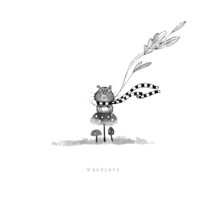 C27: ハムスターのプリント • 小さなイラスト • プリントまたはオリジナル • キノコに乗ったハムスターと秋の葉 • インクアート作品 • ナディアート • 森林