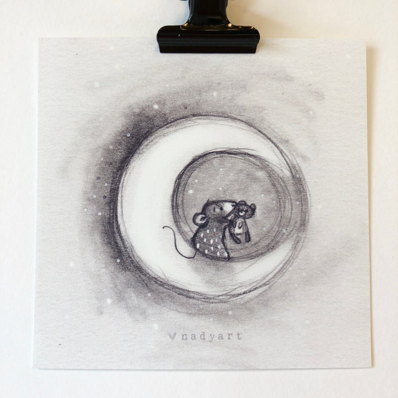 C9: Good Night Teddy Small art print Nursery art Night night Moon illustration Teddy bear Nadyart Mouse Rat Lunar image 3