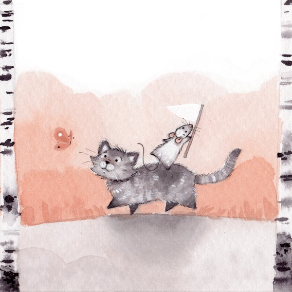 B3: Catching Butterflies • Birch Tree Forest adventures • Cat and Rat • Best Friends • Friendship Art print • Salmon nursery • Woodland