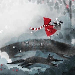 B13: Red Riding Hood Art Print - Wolf following Red Riding Hood