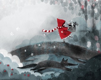 B13: Red Riding Hood Art Print - Wolf following Red Riding Hood