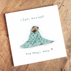 C57: I feel anxious and that's okay Comforting Anxiety art print Anxiety illustration Cute anxious rat art image 3