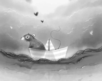 A12: To where you are, Artprint. Monochrome, black and white, nautical painting, nursery art, nursery painting, butterflies, paper boat, rat