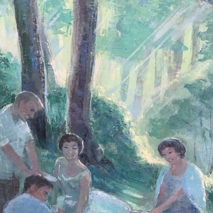 Viola Allen Original Large Oil Canvas Painting Spring Picnic Scene Mid Century California Artist