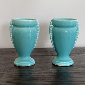 SET OF 2 Early Vintage Antique Aqua Blue Ohio Shawnee Pottery Vases USA Stamp