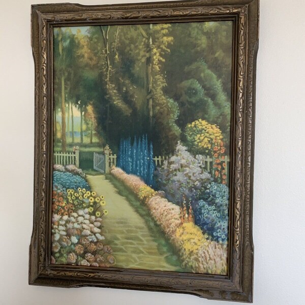 Antique Vintage R Atkinson Fox Garden Scene Original Wood Art Deco 1920's Frame