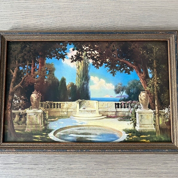 Antique Vintage 1920's R ATKINSON FOX Terrace Pool Art Deco Framed Print E.G. and Co Garden Water View Picture