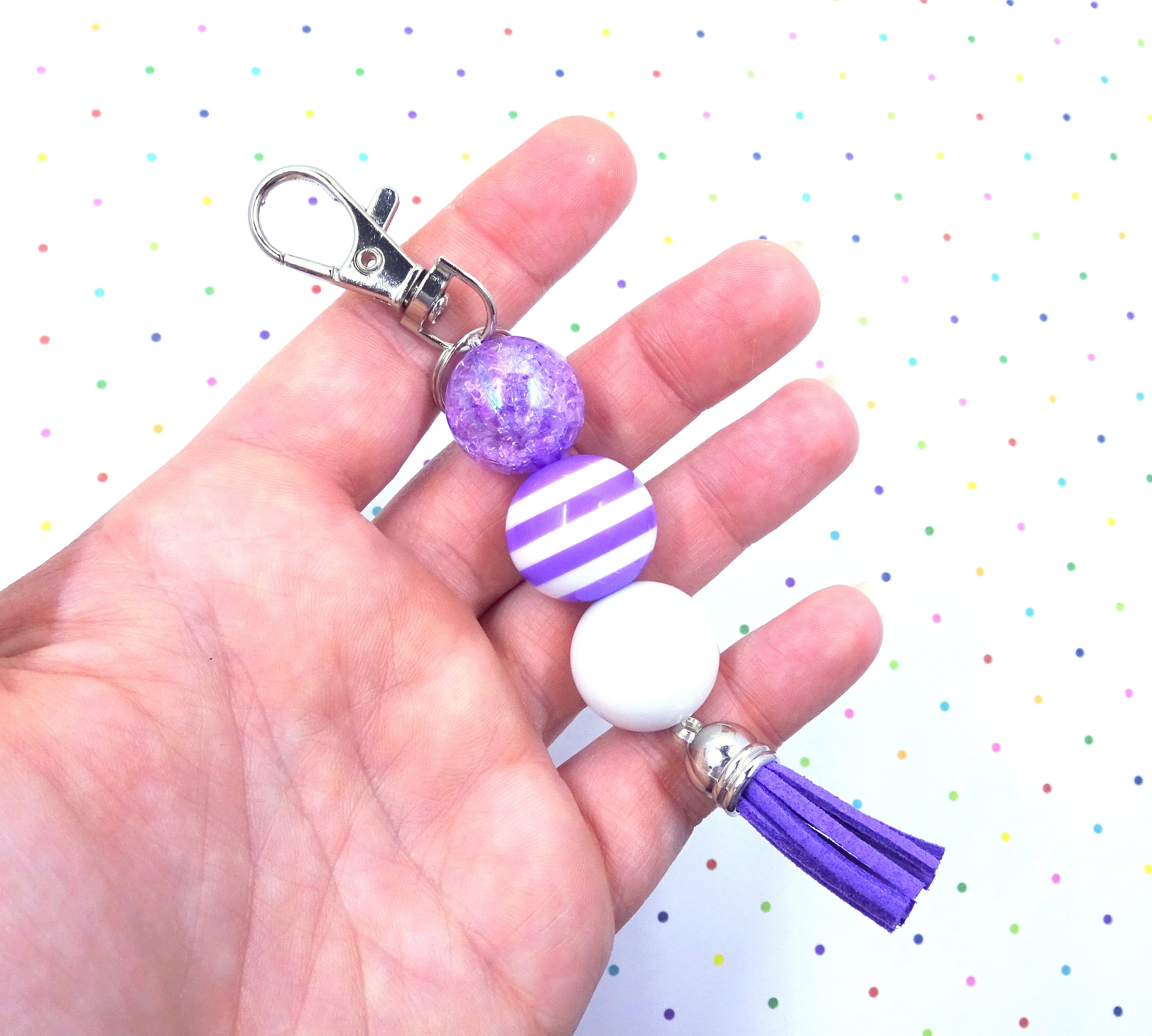 Purple and White Keychain Beaded Acrylic Keychain Glitter Etsy