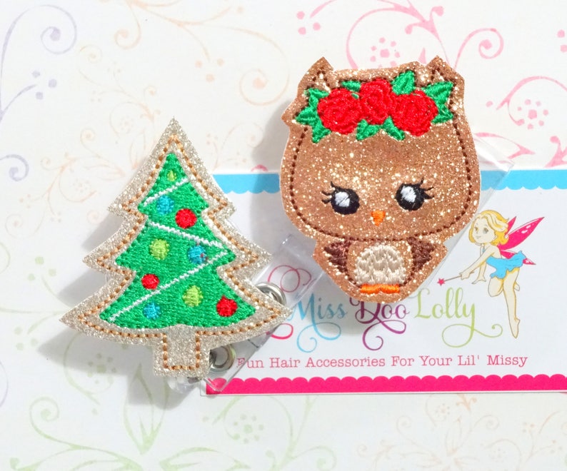 Owl Badge,Glitter ID Badge,Badge Reel Christmas Badge Reel Gift Set ID Badge Holder,Christmas Tree Badge Reel Set of 2