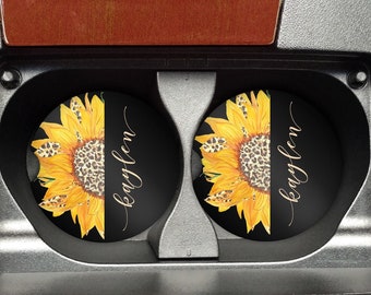 Sunflower Car Accessories | Leopard Print Sandstone Car Coasters | Custom Car Accessory | Coaster