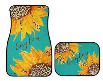 Sunflower Car Accessories - Teal Background | Car Mats | Leopard Print | Car Accessory | Monogram Car Mats | Personalized Car Mats