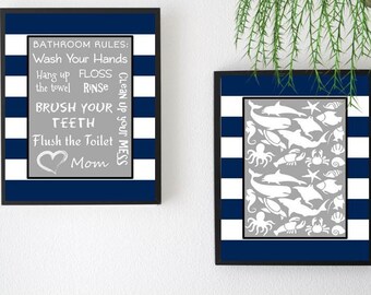 Bathroom Wall Decor / Navy White / Sea Bathroom Ocean Theme / Printable Art / JPG Files / Set of 2 / Instant Download