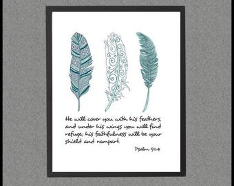 Psalm 91:4, Bible Verse Poster, Bible Psalm 91 PRINTABLE Art Print, Cover You with Feathers, Shield and Rampart Wall Decor, Digital Download