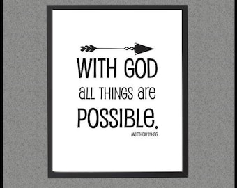 With God All Things Are Possible Matthew 19:26 Bible Verse Sign, Christian Quotes Wall Art DIGITAL DOWNLOAD