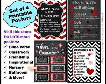 May include: Set of four printable posters with black and white chevron patterns and red accents. The posters feature classroom rules and guidance for students. The posters include the text "What you say in here... stays in here", "The A, B, C's of Bullying", "Where is the Counselor?", and "Counselors are..."