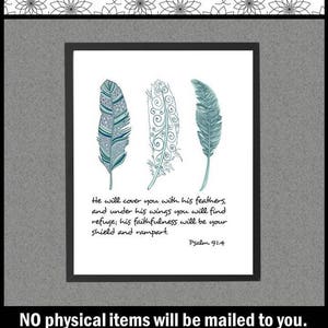 Psalm 91:4, Bijbelvers Poster, Bijbel Psalm 91 AFDRUKBARE Art Print, Bedek je met veren, schild en Rampart Wall Decor, Digitale Download