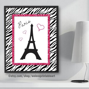 Paris Bedroom Decor, Pink and Black, Zebra Print, Paris Eiffel Tower, Paris Nursery Gifts, Paris Themed Bedroom, Paris Art Print, Wall Decor