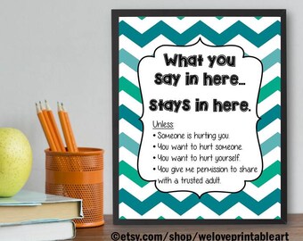 Teal Chevron School Counselor Gifts, Printable Confidentiality Sign, Instant Download