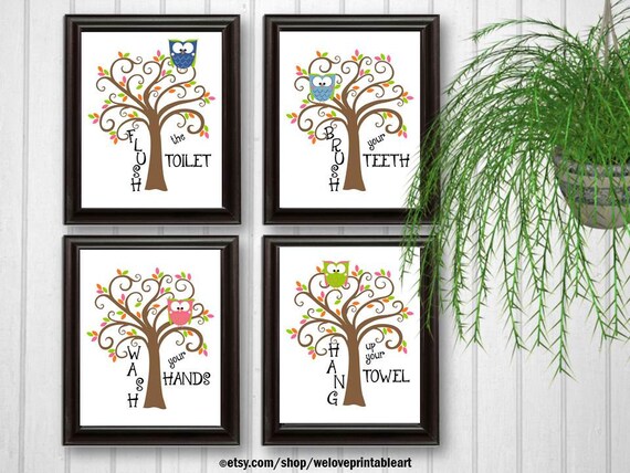 Owl Bathroom Decor Wall Art Kids Bathroom Set Bathroom Rules Etsy