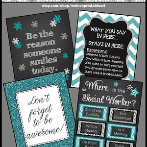 School Social Worker Gift BUNDLE Printable Posters, Office Door Sign, Confidentiality Rules, PRINTABLE Teal Black image 2