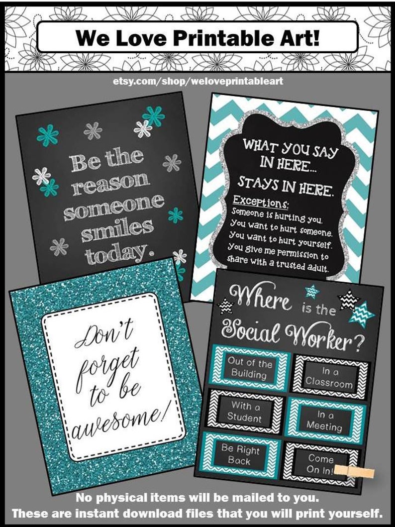 School Social Worker Gift BUNDLE Printable Posters, Office Door Sign, Confidentiality Rules, PRINTABLE Teal Black image 2