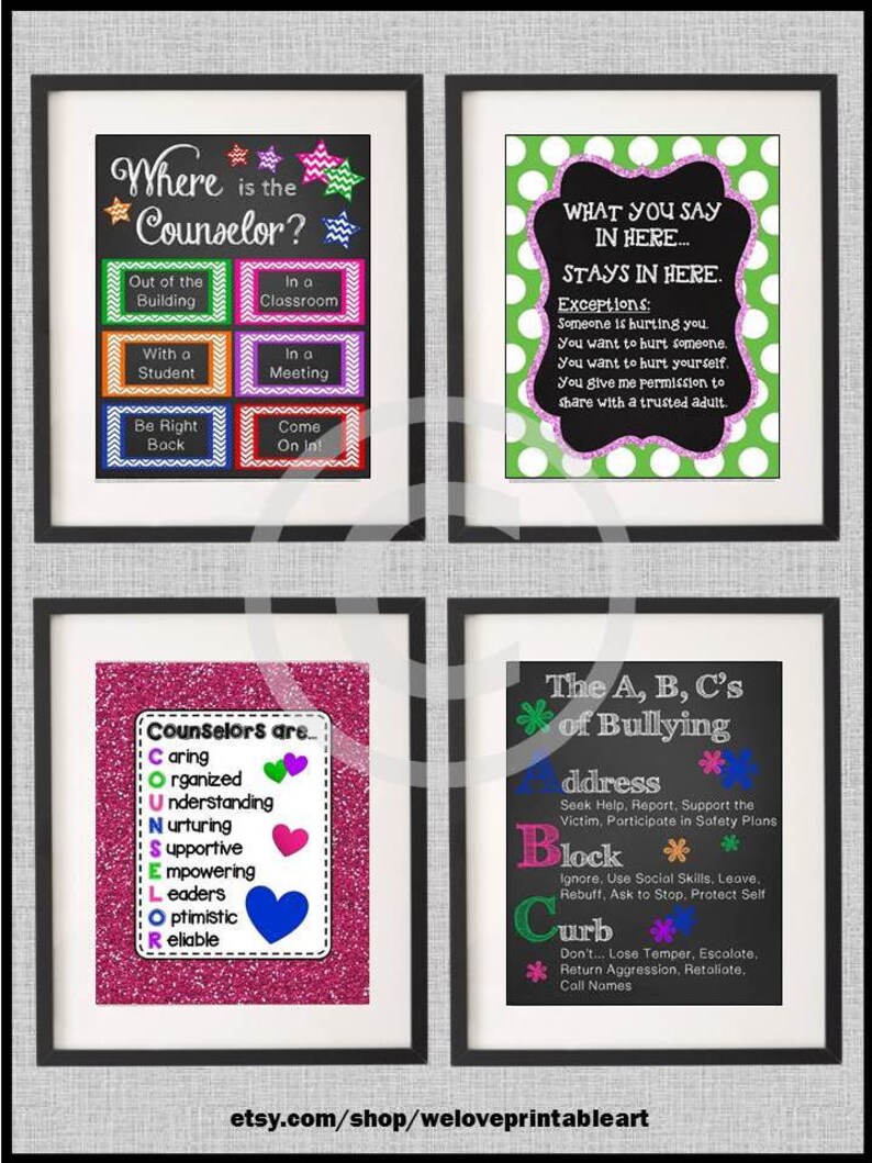 May include: Four printable posters with a chalkboard and glitter background. The posters are about bullying, counseling, and classroom rules. The text on the posters includes: "Where is the Counselor?", "What you say in here... Stays in here.", "Counselors are...", and "The A, B, C's of Bullying".
