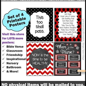 PRINTABLE School Nurse Poster BUNDLE, Office Door Signs, Decorations, Red and Black Not Editable