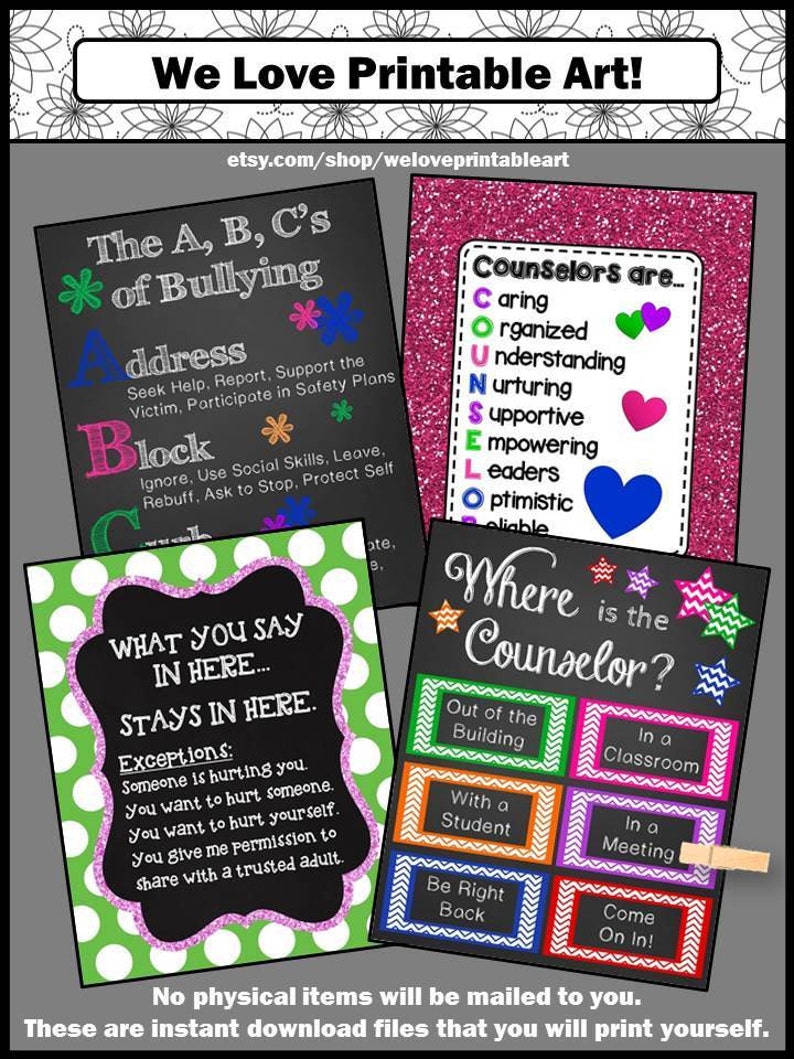 May include: Three printable posters with a chalkboard background and green, pink, and white polka dots. The first poster says "The A, B, C's of Bullying" and lists ways to address and block bullying. The second poster says "Counselors are..." and lists positive qualities of counselors. The third poster says "Where is the Counselor?" and shows a grid with different locations where a counselor might be.